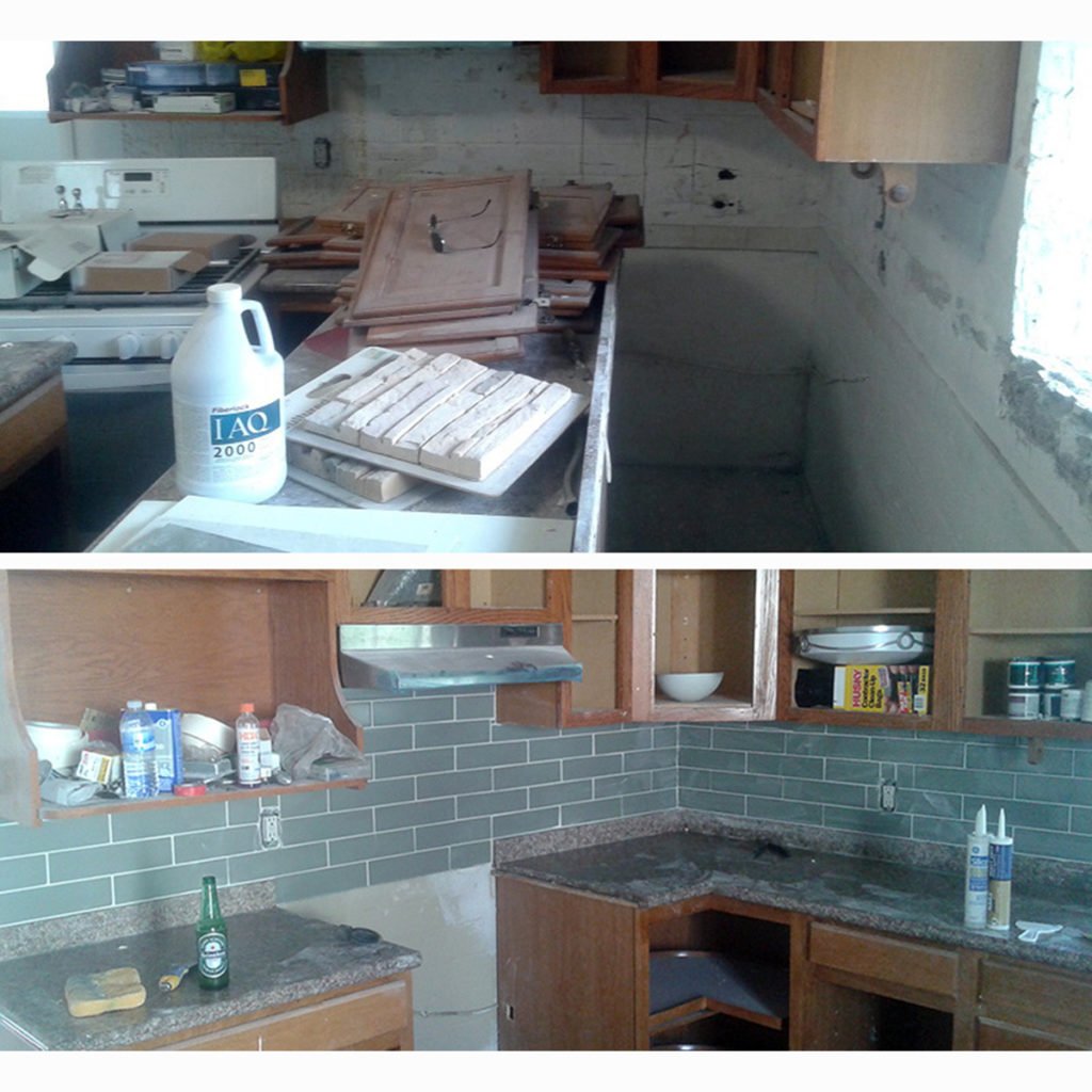Seafoam Glass Tile Backsplash on Cinderblock, Oakland, photo 6