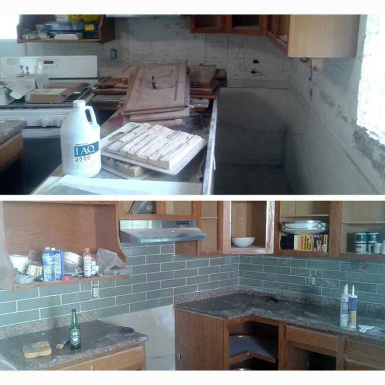 Seafoam Glass Tile Backsplash on Cinderblock, Oakland