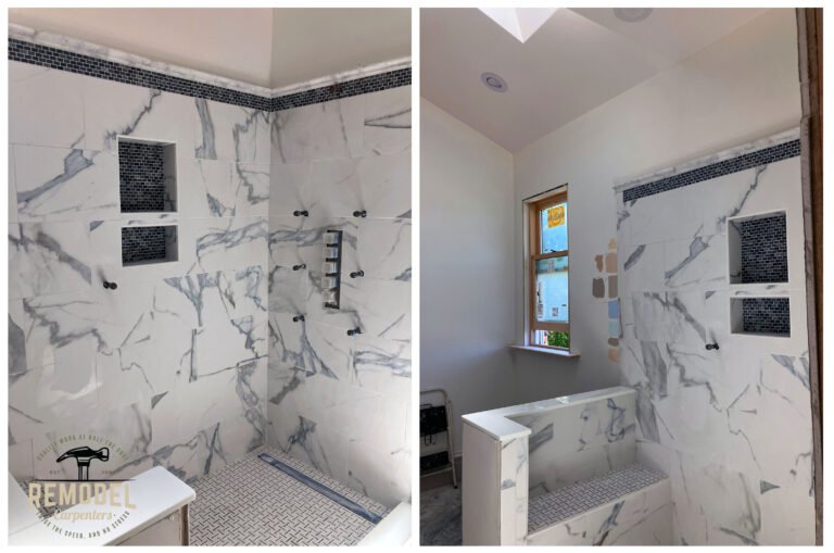 Italian Marble Shower with Pencil Tile in Alameda
